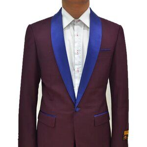 Mens Royal Blue Prom Tuxedo - Mens One Button Contrast Shawl Collar Dinner Jacke